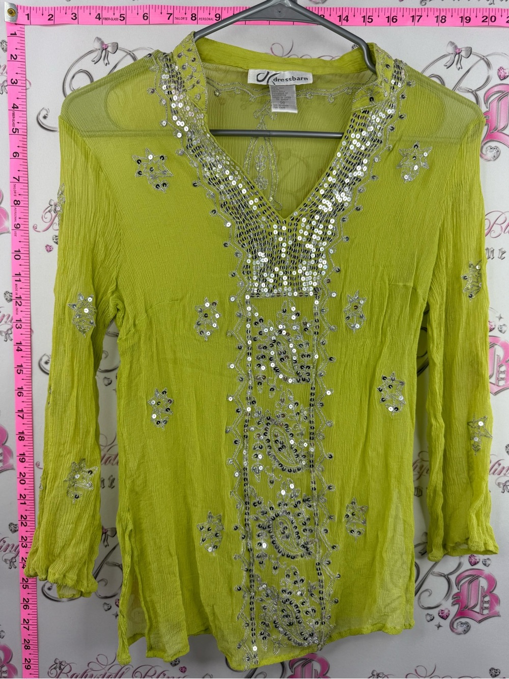 Dressbarn silk shirt sequins sparkly Lime Green Sequin-Embellished V-Neck Tunic